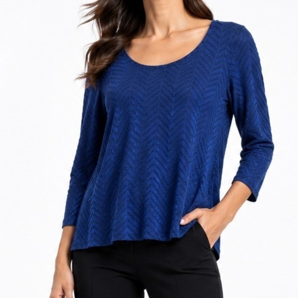 WHBM Ella Chevron Navy Blue Scoop Neck‎ 3/4 Sleeve Top XS  NWT